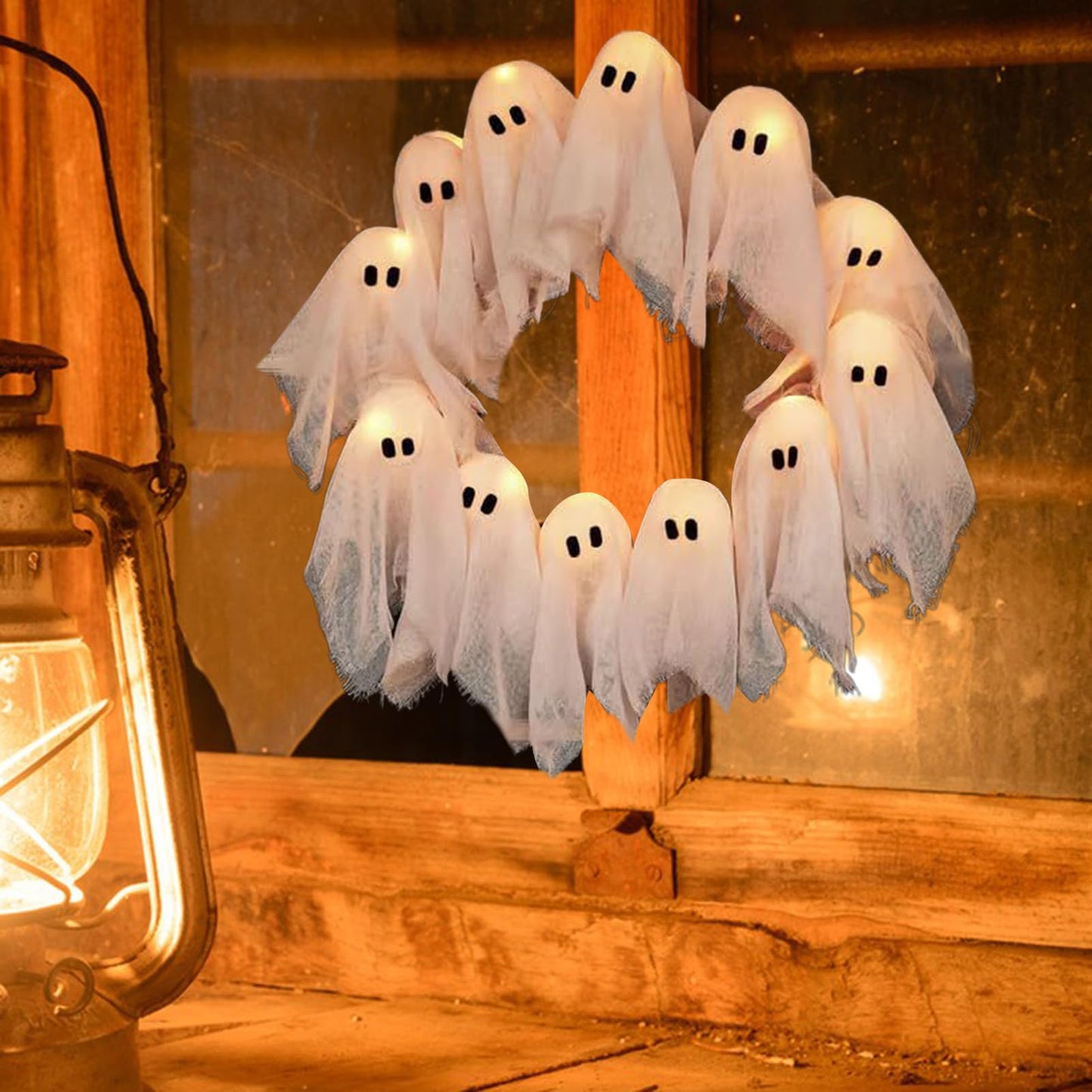 Halloween Vibes Cute Light Ghost Door Wreath
