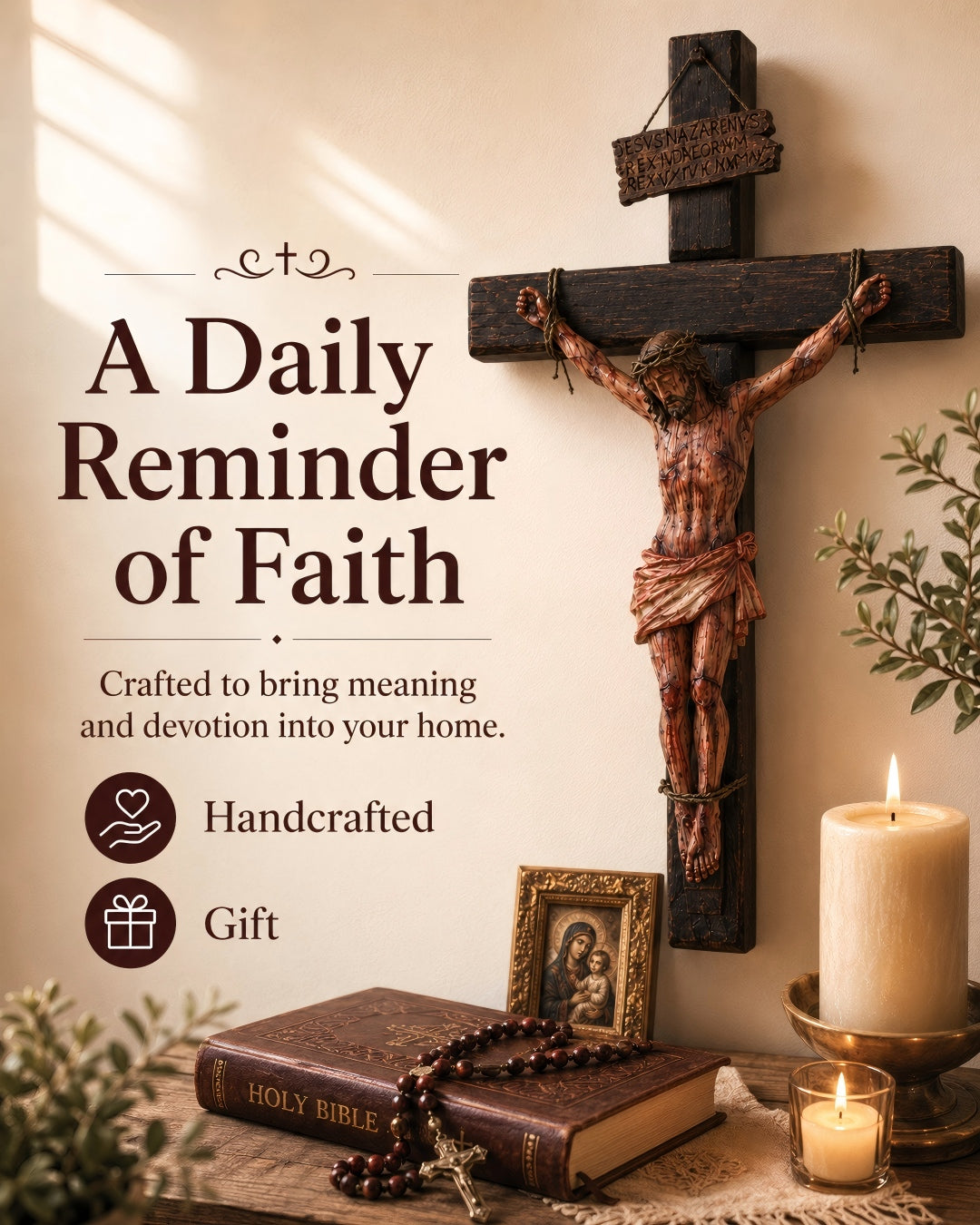 Pre-Blessed Solid Walnut Jesus Crucifix for Home Prayer & Reflection