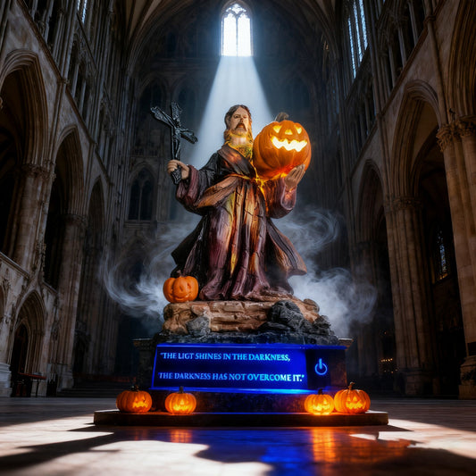 Light of Christ Halloween Jesus Statue with Glowing Pumpkin
