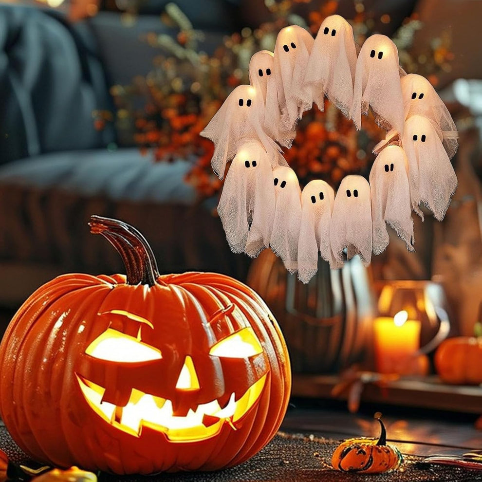 Halloween Vibes Cute Light Ghost Door Wreath