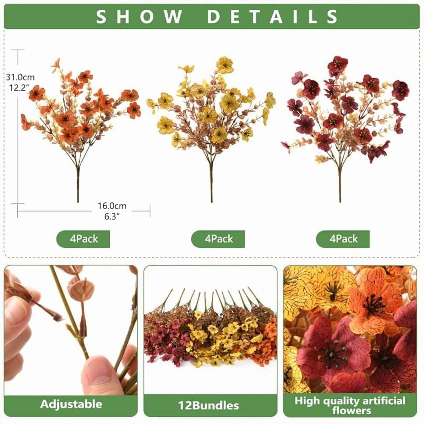 💐12PCS Artificial UV-resistant flowers: suitable for patios, porches and balconies-3 Fall Multicolor